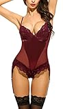 Women Sexy One Piece Bodysuit Lingerie Lace Teddy Chemise with Gather Belts