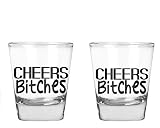 AW Fashions Cheers Bitches - Bachelorette Party Shot Glasses, 21st Birthday Shot Glass - 2 Pack Round Set of Shot Glass