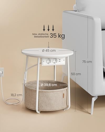 LILEA Kollektion - Beistelltisch rund, Kleiner Tisch, Couchtisch mit Steckdose, Wohnzimmertisch, Korb aus Stoff, Stauraum für Wohnzimmer, Nachttisch modern, mattweiß-Kamelbraun LET228W02