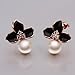10mm Simulated Pearl Stud Earrings with Zircon Rhinestone Black Flower for Women