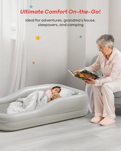 QPAU Inflatable Toddler Travel Bed, Portable Kids Air Mattress, Separate Mattress Design, Nice for Home, Grandma's, Camping, and Vacation (Light Gray)