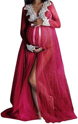 qiansu Pregnancy Women's Maxi Dress Photo Shoot Perspective Mesh Lace Webbing Open Front Cardigan Maternity Fashion Soft Slit Clothes Blue Pink Complexion Wine red
