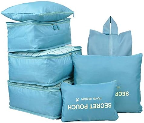 Travel Packing Cube Luggage Organizers Bag Clothes Storage Secret Pouches with Shoe Pouch (Blue) (Set of 7pcs)