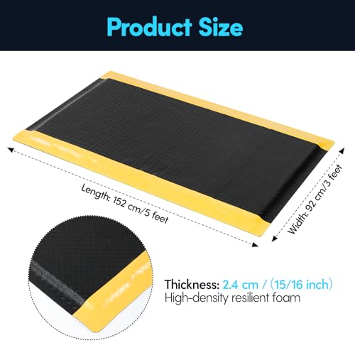 GOOFCXO 3ft x 5ft Anti Fatigue Mat, 15/16" Thick Industrial Grade Anti-Fatigue Floor Mat, Heavy Duty Diamond Plate Ergonomic Standing Mat for Kitchen Office Gym, Black with Yellow Border