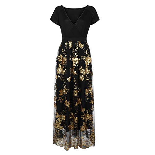 Plus Size Dresses for Women Short Sleeve Deep V Neck Sequined Splice Maxi Long Dress (XXXL, Gold)