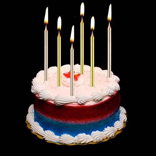 Muhuyi 48 Count Party Long Thin Cake Candles Metallic Birthday Candles in Holders for Birthday Cakes Decorations, Gold and Champagne Gold - Thumbnail 3