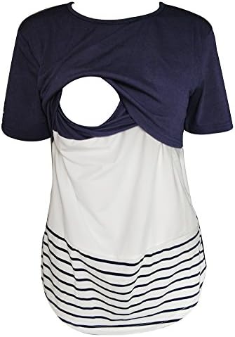 XCHQRTI Women Nursing Tops Back Lace Short Sleeve Breastfeeding Shirt Maternity Clothes (Blue, M)
