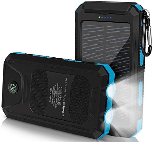 Solar Charger 20000mAh, Portable Solar Power Bank with 1.5W Efficient Solar Panel, Compass, LED Flashlight, 2 Output Ports, External Backup Battery for Camping Outdoor for Phones Tablets and More-Blue