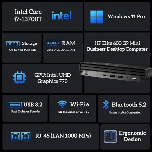 HP Elite Mini G9 Business Desktop Computer, 13th Gen Intel 16-Core i7-13700T, USB-C, Ultra Quite Design, RJ-45, HDMI, Wi-Fi 6, Bluetooth, KB & Mouse, Windows 11 Pro (16GB RAM | 512GB SSD)