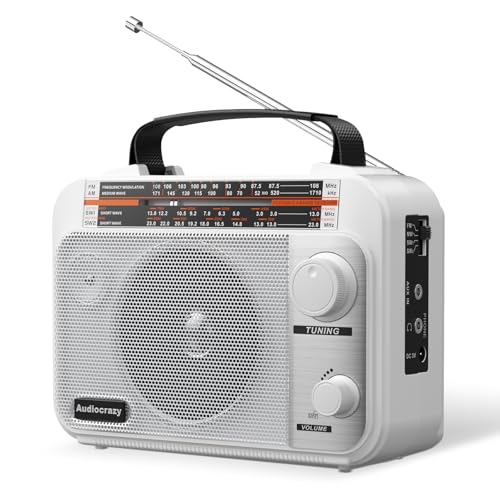 Audiocrazy Portable Radio AM/FM/SW1-2 Multiband Radio with Rechargeable Battery 1800 mAh, AC Cable or Portable FM Radio, Fleece, Speakers, Headphone Jack, AUX Input White