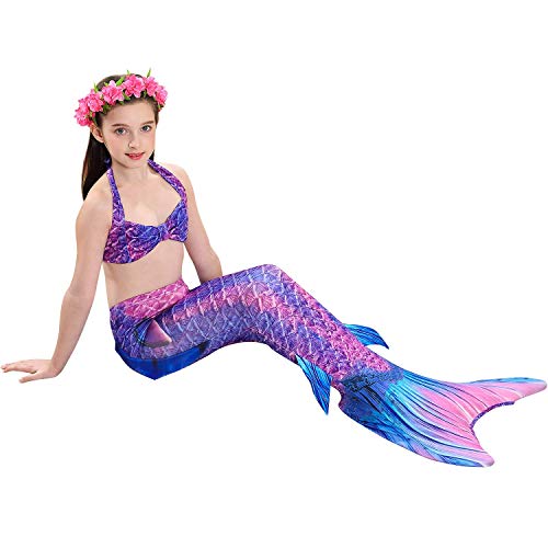 3 PCS Girls Mermaid Tail Swimsuit for Swimming Bikini Princess Can Add Monofin (A-Noble Purple, 10-12/ (Tag 150) / Ht:55-60in)