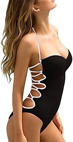 Sbra women one pieces swimsuits multi string bathing suits back lace up bikini Monokini bathing suits (L, Black)
