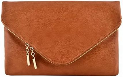 Elphis Fashion Evening Large Envelope Fold Over Clutch Purse Cross Body Bag (Dark Tan)