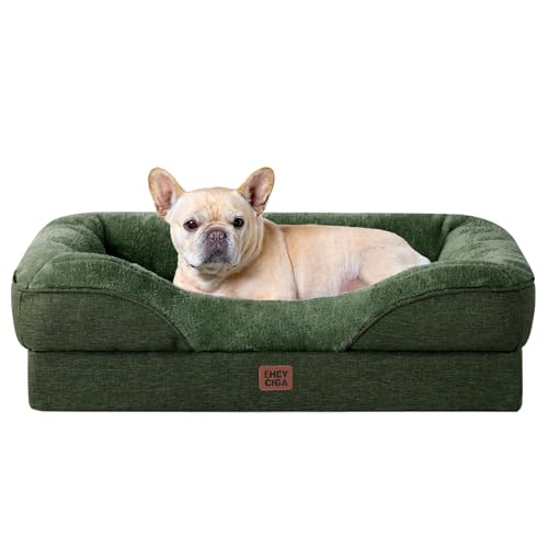 EHEYCIGA Orthopedic Dog Bed for Medium Dog, 30x20x6.5 Inch Memory Foam Dog Couch Bed with Sides, Waterproof Liner & Washable Removable Cover, Bolster Pet Sofa, Dark Green Image