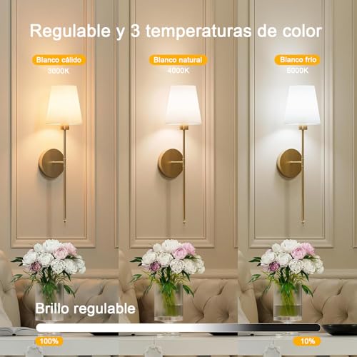 2 PCS lámparas de pared recargables, bombillas regulables desmontables y control remoto, 15 colores Aplique de pared inalámbricas para dormitorio Salón Pasillo (oro)