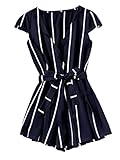 Romwe Women's Casual Vertical Striped Jumpsuit Romper with Belt Navy L