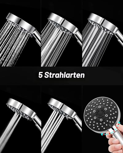 Magichome Shower Head with Hose 2 m, High Pressure Shower Head with 5 Spray Modes Turbocharger Design, Hand Shower, Water-Saving Shower Head for Low Water Pressure