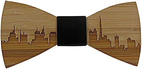Celino Men Trendy Bamboo Fiber City Horizon Imprint PU Leather Wooden Bow Tie, Dubai One Size