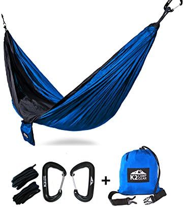 K2 Camp Gear - Original Double Camping Hammock with Premium Aluminum Carabiners included (Blue/Black)