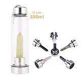 Natural Crystal Glass Water Bottle, Water Bottle with Gemstone Center Crystal Elixir Bottle with Natural Crystal Point Healing Obelisk Handheld Glass Energy Bottle (Citrine)