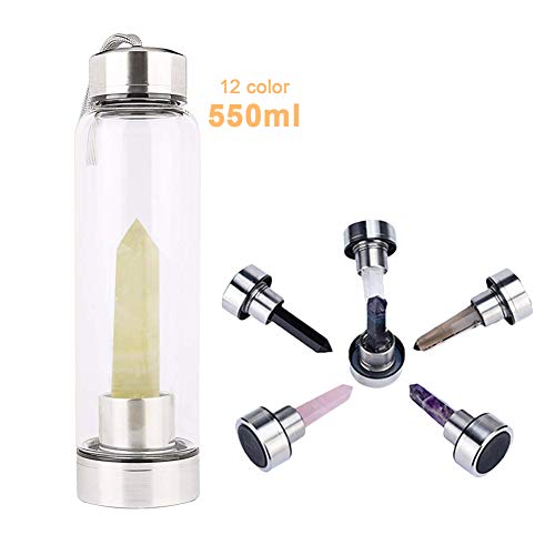 Natural Crystal Glass Water Bottle, Water Bottle with Gemstone Center Crystal Elixir Bottle with Natural Crystal Point Healing Obelisk Handheld Glass Energy Bottle (Citrine)