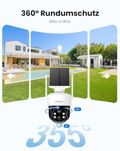 Mrowly 2K Outdoor Solar Surveillance Camera, 360° PTZ WiFi Camera Outdoor Wireless with Removable Solar Panel, 2.4 GHZ, PIR Motion Detection, Colour Night Vision, 2-Way Audio, IP66, for Garden, Yard