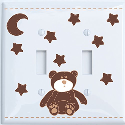 Brown Teddy Bear Light Double Switch Plate Cover with Brown Moon and Stars / Teddy Bear Nursery Decor (Double Toggle)