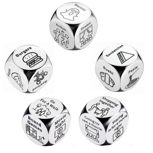5 PCS Food Decision Date Decision Dice Set, Metal Dice Game Gift for Couples Her Him Girlfriend Boyfriend on Anniversary Valentines Day Date Night