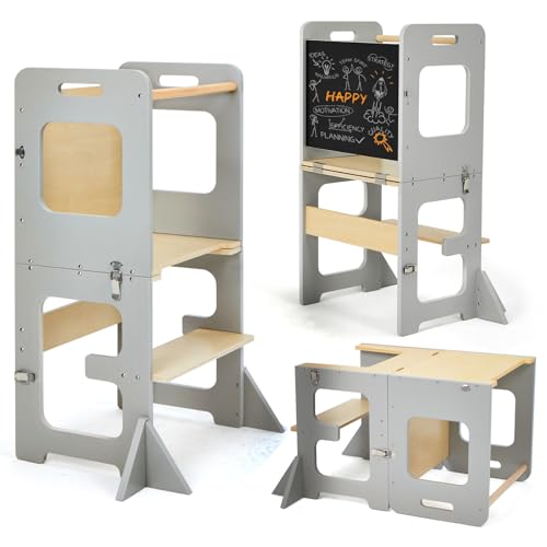 labebe Montessori Tower for Children, Folding Learning Tower with Blackboard, Multifunction 3 in 1 Learning Tower, Tower from 1 Year (Grau)