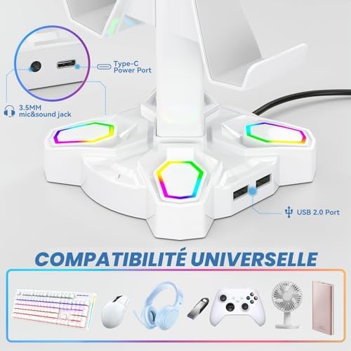 Support Casque Gamer, Porte Casque Rotatif avec 9 Modes de Lumière, Support Manette avec 2 Ports USB, Port 3.5 mm et Type C, Repose Casque & Porte Manette pour PS5 PS4 Xbox Series X One; Blanc