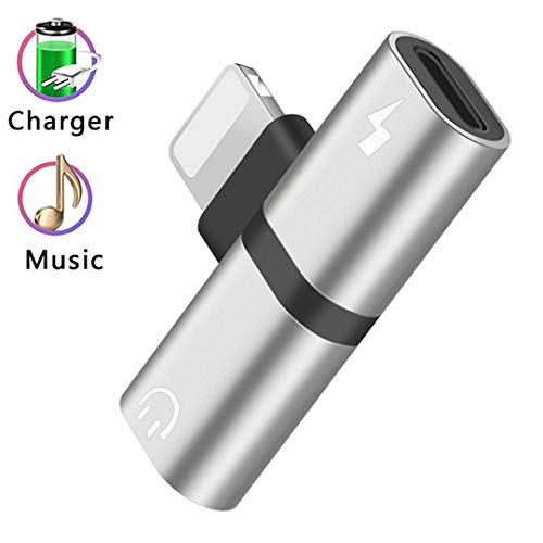 Hamdol Headphone Adapter for iPhone X/XS/XS MAX/XR/8/ 8Plus/ 7/7 Plus Headset Adaptor Splitter Earphone Connector Convertor 2 in 1 Accessories Car Charger, Quick Charge Fast Car Adapter, Sliver-Black