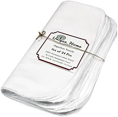 100% Premium Cotton Re-Usable Paperless Towels - White Pack of 24 pcs (10 x 10) inches. Easy wash and quick dry. Alternate to paper towels. multi-purpose towel.