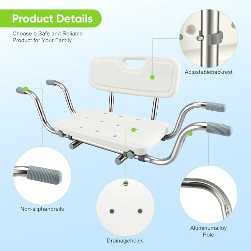 Bathtub Seat for Elderly, Non-Slip Shower Stool with Backrest, Adjustable Width 77-87 cm, Load 150 kg, with Non-Slip Silicone Pads and Handles, White