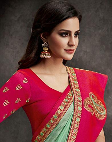 DesiButik's Party Wear Ravishing Green And Pink Satin Silk Saree - Thumbnail 2