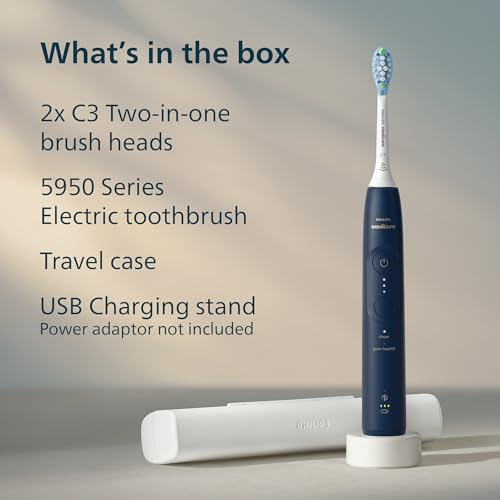 Philips Sonicare 5950 Series Electric Toothbrush, with Pressure Sensor, for Sensitive Gums, 6 Brushing Settings, SmarTimer, BrushPacer, 21-day Runtime, Travel Case, Navy Blue, HX7133/03