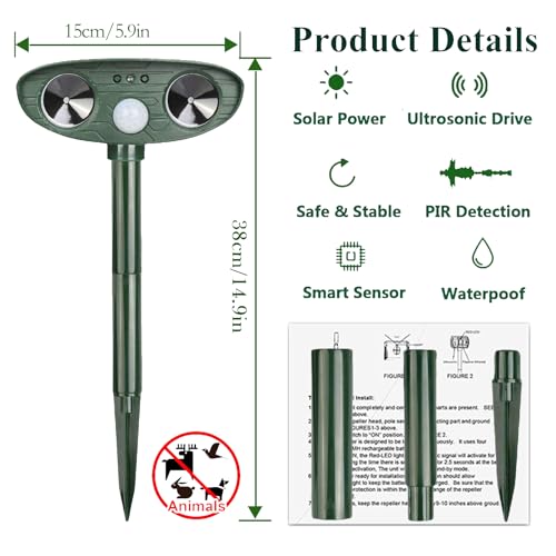 Répulsif Chat Ultrason, Repulsif Chat Solaire & Répulsif Ultrason Anti Rongeurs Étanche, Repulsif Chat Exterieur avec Détecteur de Mouvement pour Anti Chats Chiens Souris Animaux Sauvages