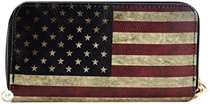 American Flag Wallet with Wrislet, Around Zip, Vintage Style (Black V)
