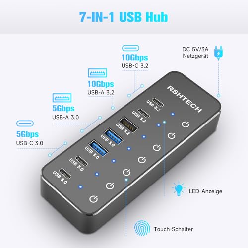 RSHTECH 7 port hub 3 x 10Gbps 4 x USB 3.0 (2 x USB-A, 2 x USB-C) aluminium cable 100 cm