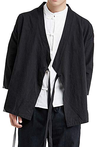 Hotmiss Men's Casual Kimono Cardigan Noragi Jackets Cloak Open Front Coat 2XL (Pure Black, XX-Large)