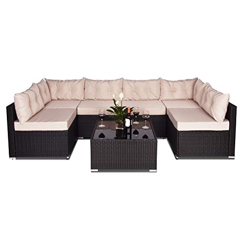 Amooly 7 Pieces Patio PE Rattan Sofa Set Outdoor Sectional Furniture Wicker Chair Conversation Set with Cushions and Tea Table