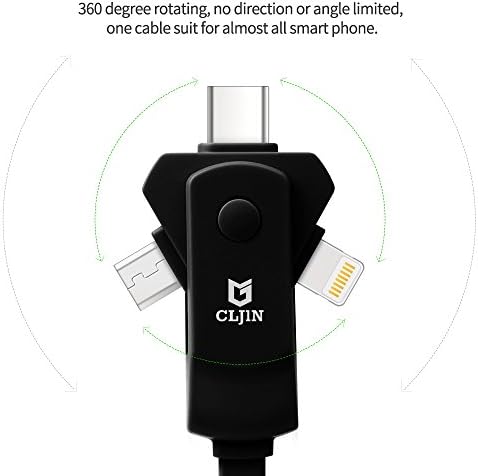 CLJIN 3 in 1 Universal 360 Rotation USB Charging Cable Cord for Apple 5 5C 5S 6 6S 6 Plus 6S Plus 7 7plus Android and Type-C phone device 2PCS 1M (black)