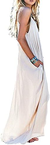 Speciallife Chic Women's Strappy Casual Loose Boho Chiffon Pocket Long Maxi Dress WhiteSmall