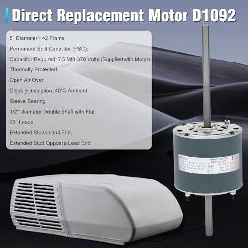 RV AC Fan Motor Replaces Fasco D1092, 1468-306, 7855MVA-A11U, Y6L457D01L, 1468A3069, 7184-0156 etc, Compatible with Coleman Mach RV Air Conditioner Motor, 1/3 HP, 115 Volts, 1675 RPM, 3-Year Warranty