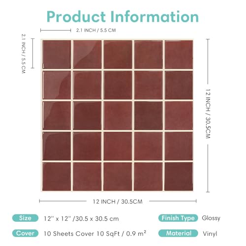 Commomy Thick Adhesive Kitchen Tiles Red, 10-Pieces, 30.5 x 30.5 cm, Self-Adhesive Vinyl Kitchen Wall Tiles, 3D, Backsplash Tiles Adhesive for Wall, Kitchen, Bathroom and Subway