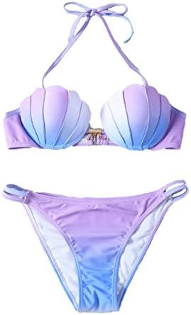 Mission-A Girl Sex Purple and Blue Seashell suspender Padded Mermaid Bikini Swimsuit Set for Women L