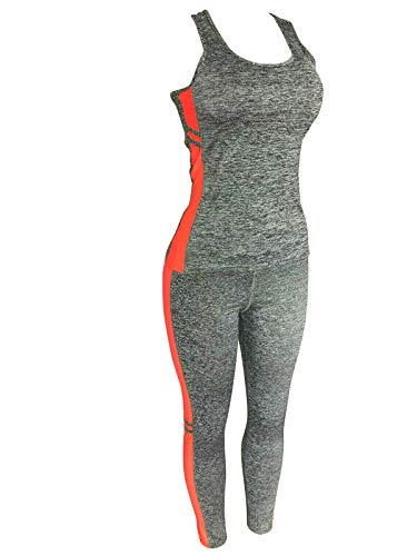 Women Sports Gym Yoga Workout Activewear Sets 2 Pieces Top+Leggings Set (M/L, Grey/Dark Coral Touch) - Thumbnail 5