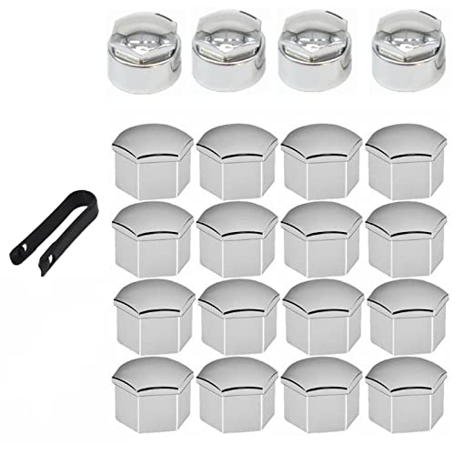 AUTOUTLET 20 PCS (16 Standard Sizes + 4 Locking Sizes) Silver Hexagonal Plating Chrome Wheel Nut Caps Bolt Covers Internal Diameter 17 mm Cap 21.5 mm X 18 mm Universal with Removal Tool