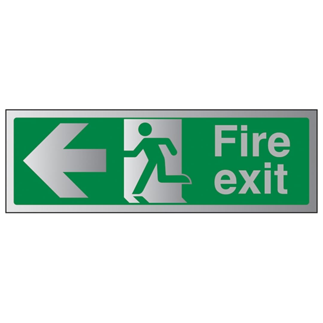 V Safety Fire Exit-Fire Exit Arrow Left Sign - 300 mm x 100 mm - 3 mm Brushed Alu Comp Safety Sign — image 1