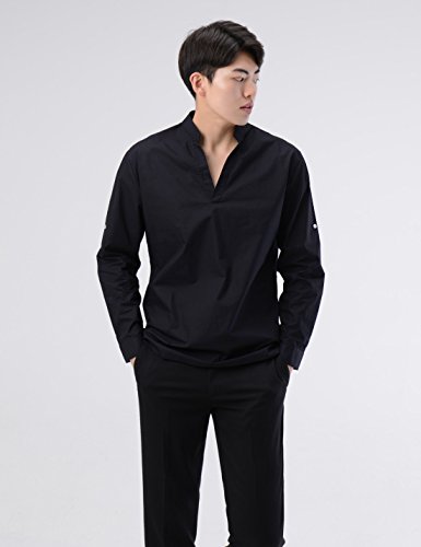 NEARKIN NKNKN382 Mens Classic Fit Roll-up Sleeve Mandarin Collar V Neck Casual Shirts Black US L(Tag Size L) - Thumbnail 5