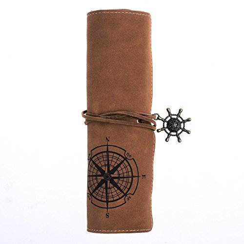 Kloud City Retro Suede Leather Bandage Pen Bag Pencil Case Holder Carrier Cosmetic Makeup Pouch with Vintage Pendant (Brown)